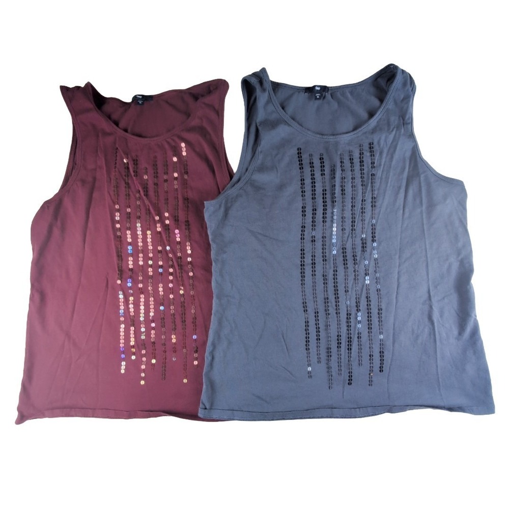 Lot Of 2 Gap Women's Pima Cotton Racer Back Tanks Gray Maroon Sequin Front XL